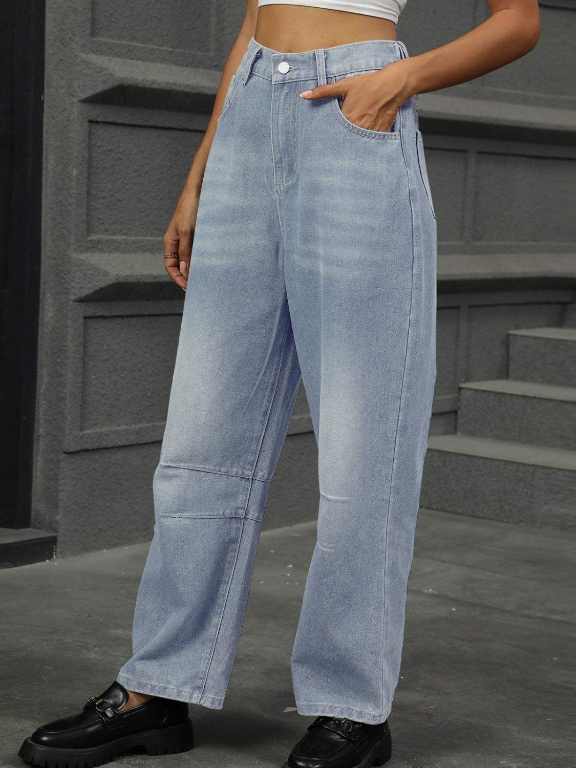 Half Elastic Waist Straight Leg Jeans - Trendsi - Flyclothing LLC