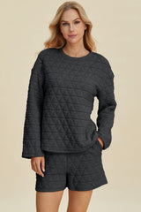 Double Take Full Size Texture Round Neck Long Sleeve Top and Shorts Set - Trendsi