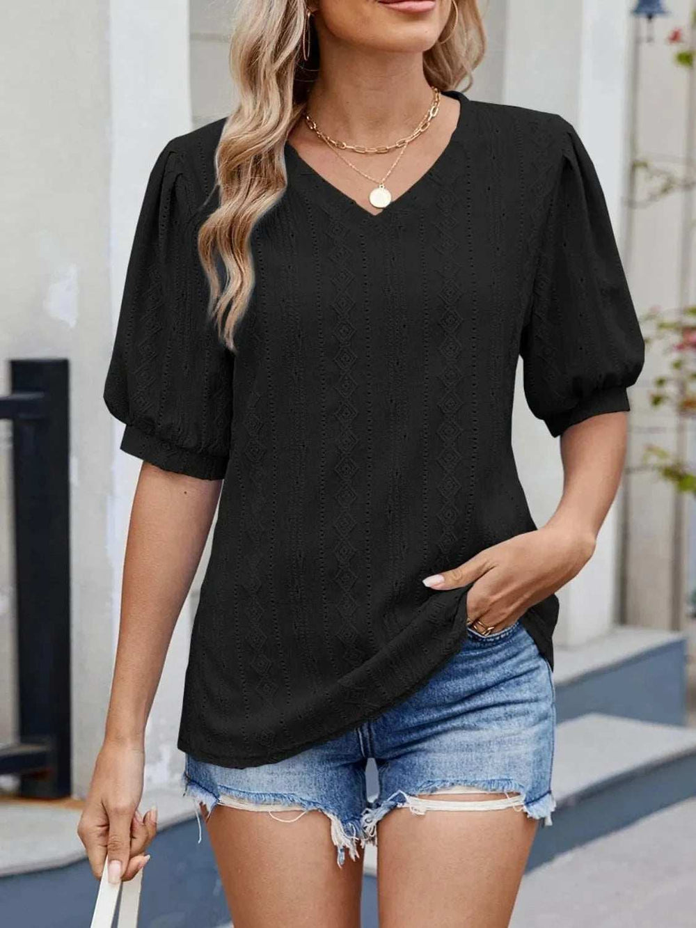 Puff Sleeve V-Neck Eyelet Lace T-Shirt - Trendsi - Flyclothing LLC