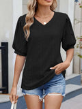 Puff Sleeve V-Neck Eyelet Lace T-Shirt - Trendsi - Flyclothing LLC