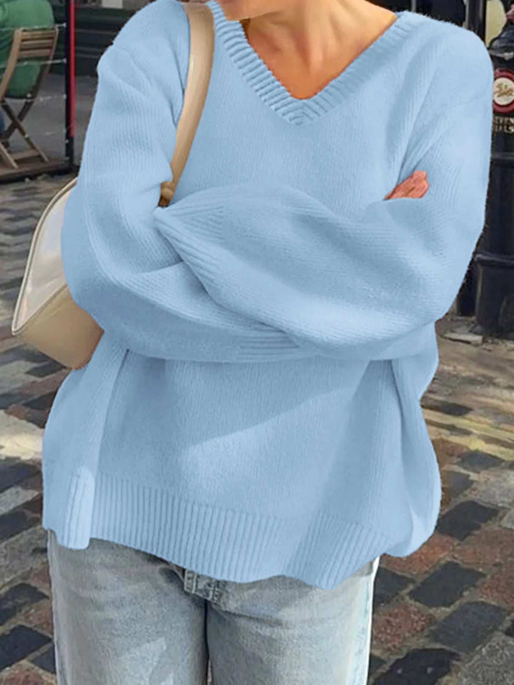 V-Neck Long Sleeve Sweater - Trendsi - Flyclothing LLC