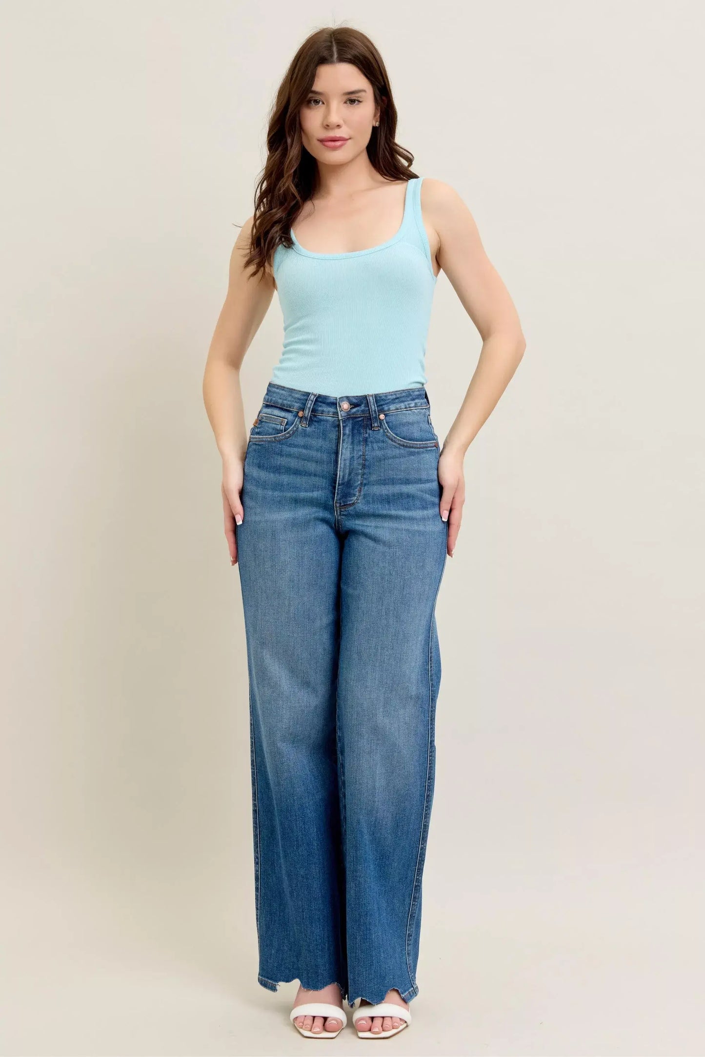 Judy Blue Full Size High Waist Tummy Control Chew Hem Destroy Wide Jeans Plus Size - Trendsi - Flyclothing LLC
