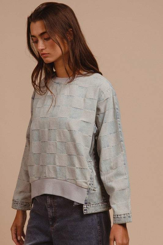 BiBi Mineral Washed Checkered Round Neck Denim Top - Trendsi - Flyclothing LLC