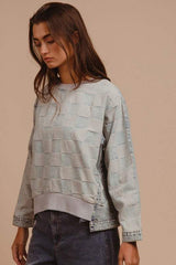 BiBi Mineral Washed Checkered Round Neck Denim Top - Trendsi - Flyclothing LLC