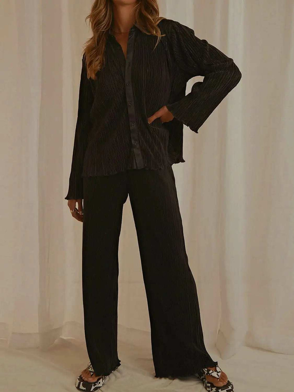 Collared Neck Long Sleeve Top and Pants Lounge Set - Trendsi - Flyclothing LLC