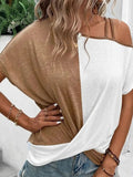 Contrast Asymmetrical Neck Short Sleeve T-Shirt - Trendsi