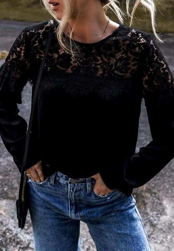 Lace Detail Round Neck Long Sleeve Blouse - Trendsi - Flyclothing LLC