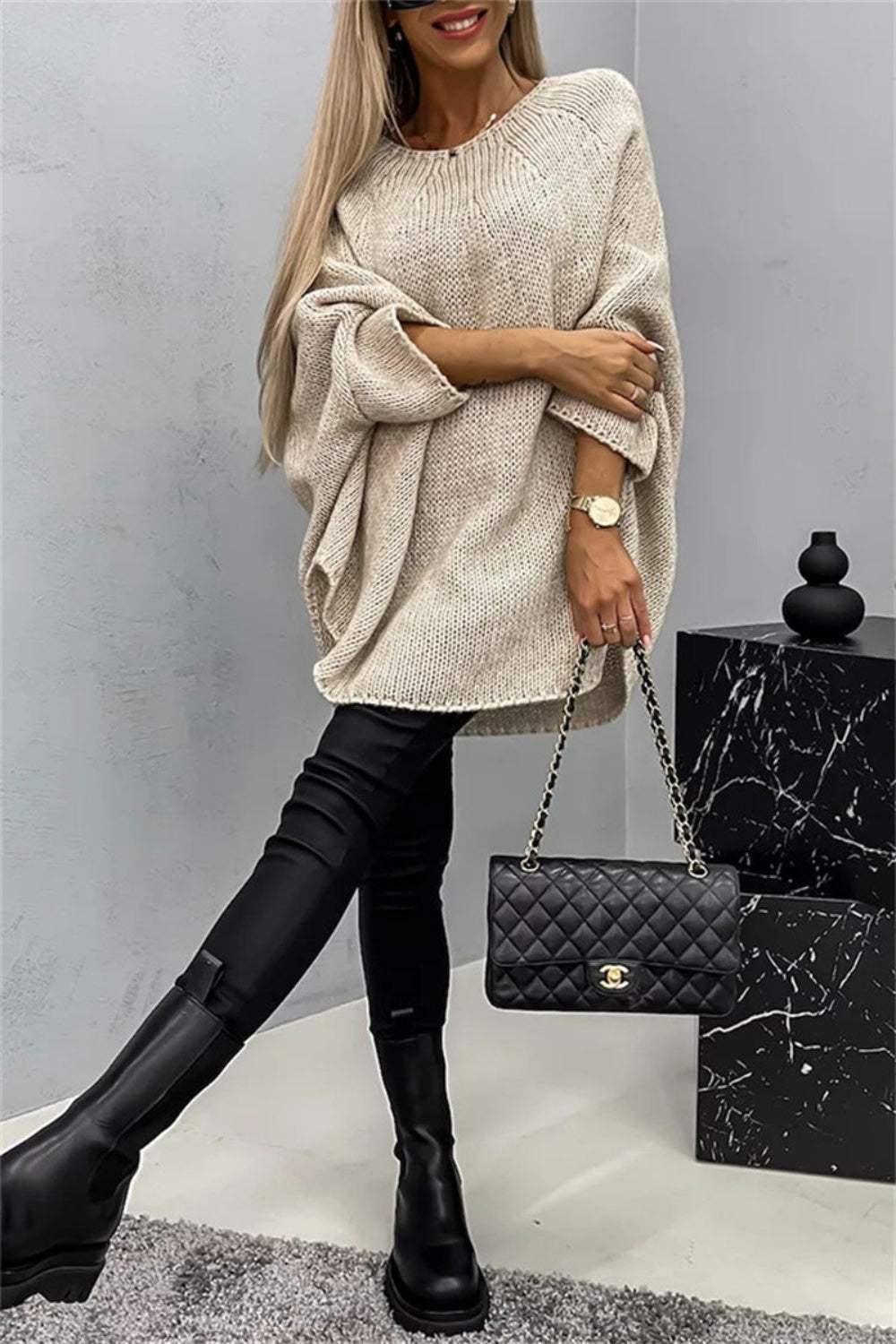 Round Neck Batwing Sleeve Sweater - Trendsi - Flyclothing LLC