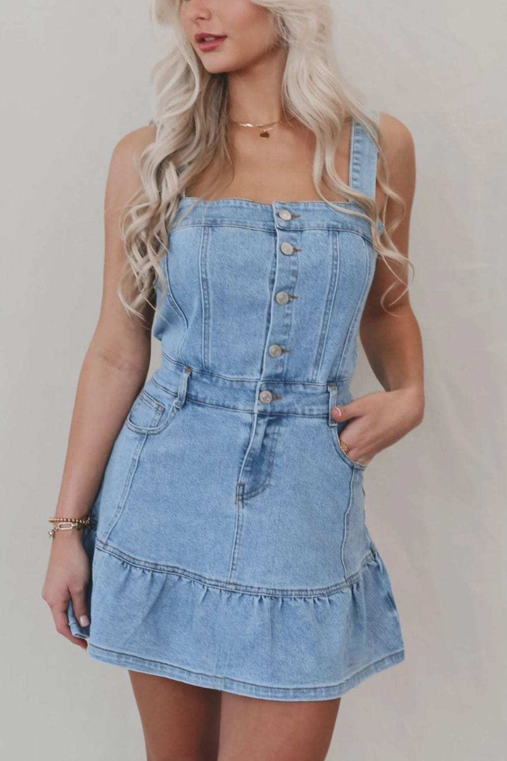 Ruffled Hem Button Front Square Neck Denim Dress - Trendsi - Flyclothing LLC