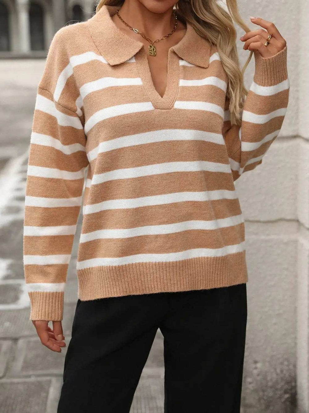 Striped Johnny Collar Long Sleeve Sweater - Trendsi - Flyclothing LLC