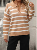 Striped Johnny Collar Long Sleeve Sweater - Trendsi