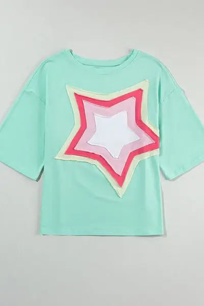 Color Block Star Patched Oversized T-Shirt - Trendsi - Flyclothing LLC