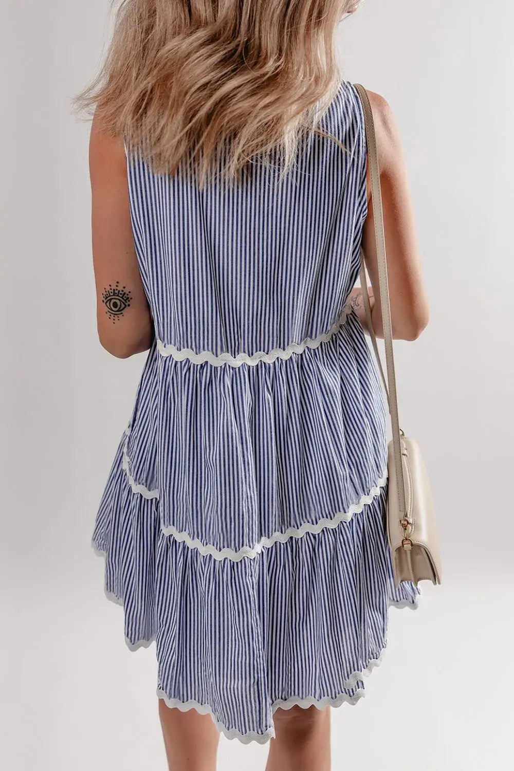 Stripe Sleeveless Notched Ric Rac Mini Dress - Trendsi - Flyclothing LLC