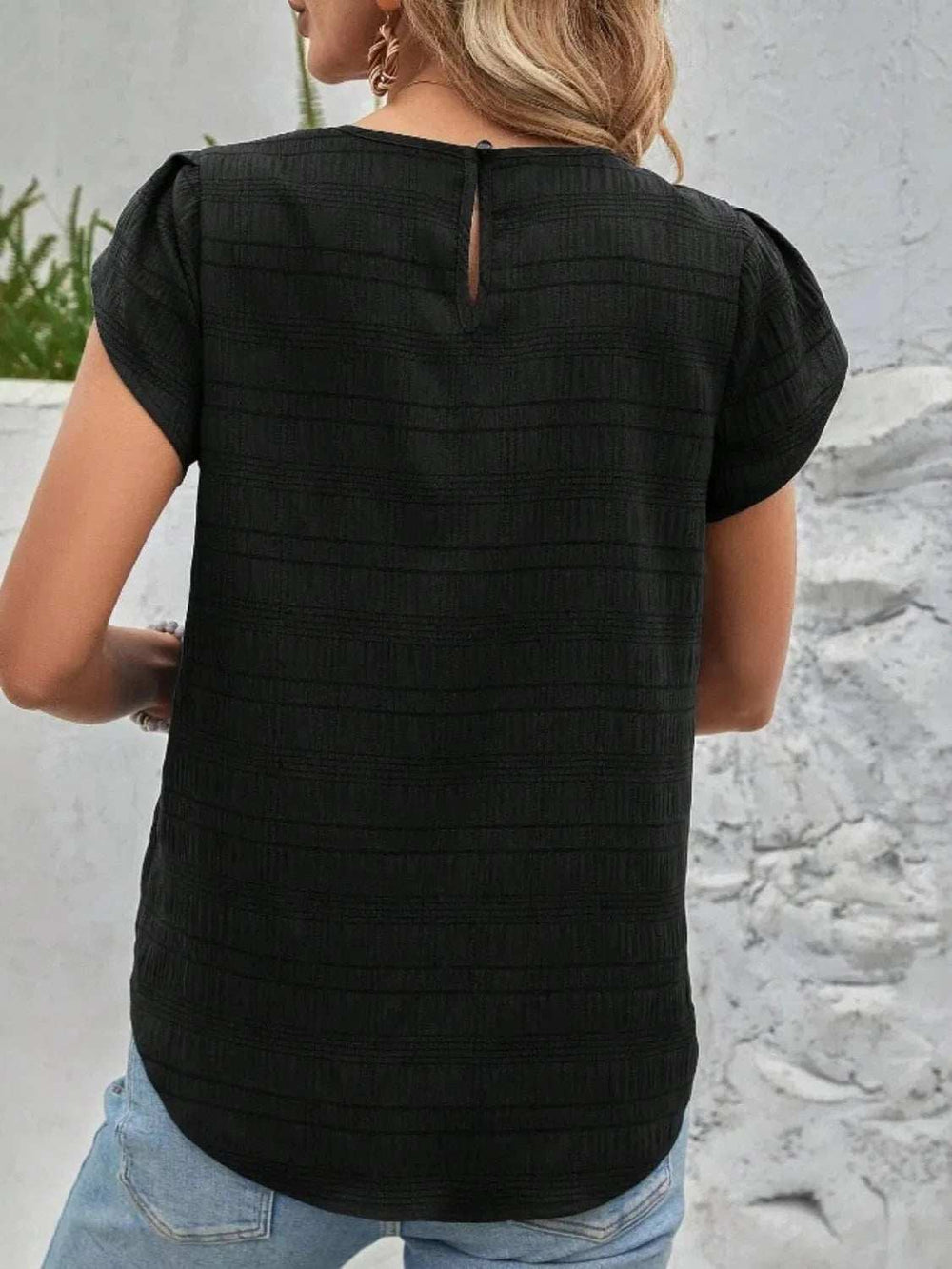 Round Neck Petal Sleeve Top - Trendsi - Flyclothing LLC