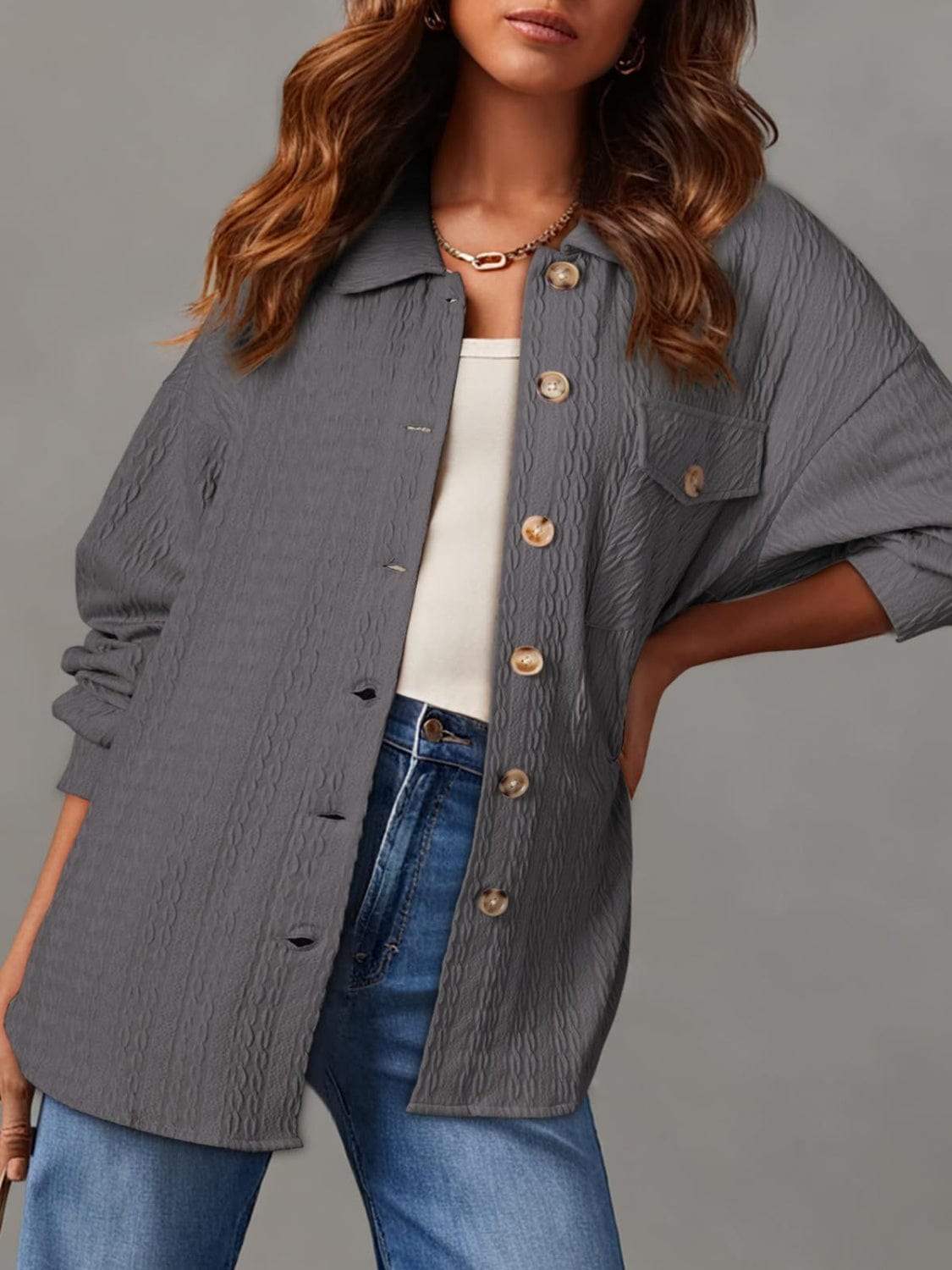 Textured Button Up Long Sleeve Shacket - Trendsi - Flyclothing LLC