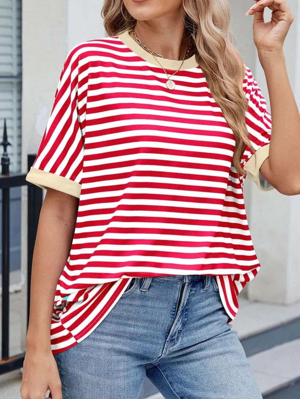 Striped Round Neck Half Sleeve T-Shirt - Trendsi - Flyclothing LLC