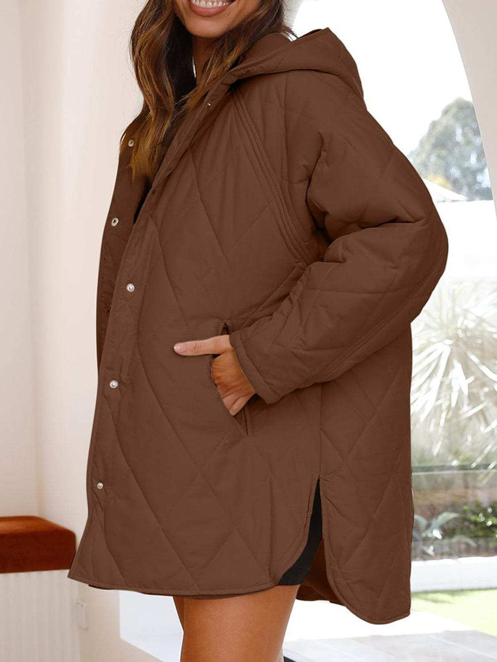 Slit Snap Down Long Sleeve Hooded Jacket - Trendsi - Flyclothing LLC