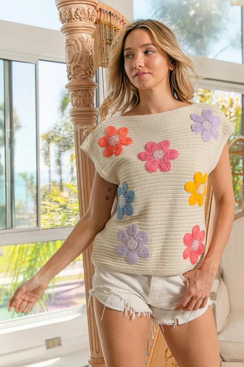 BiBi Multi Jeweled Crochet Flower Patch Sweater Vest - Trendsi - Flyclothing LLC