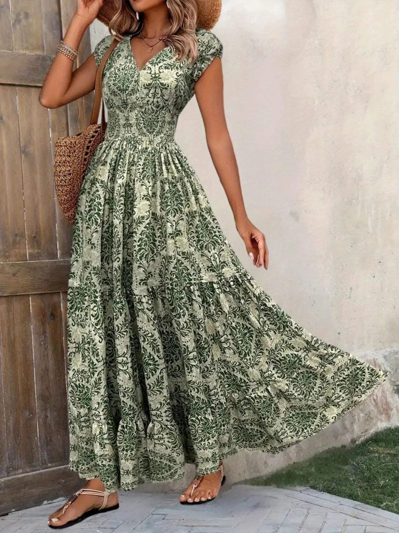 Printed Cap Sleeve Maxi Dress - Trendsi - Flyclothing LLC