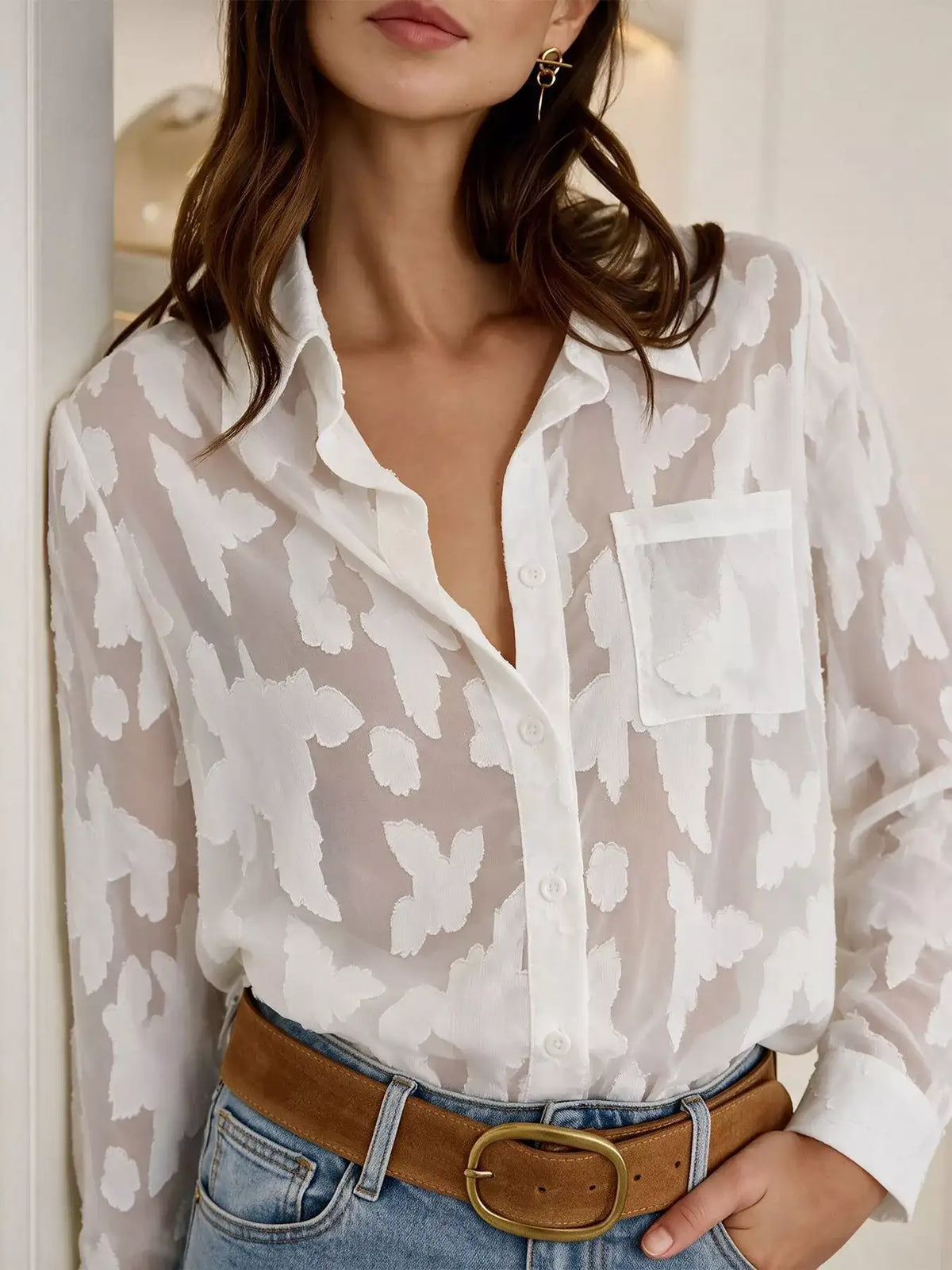 Sheer Button-Down Shirt - Trendsi - Flyclothing LLC