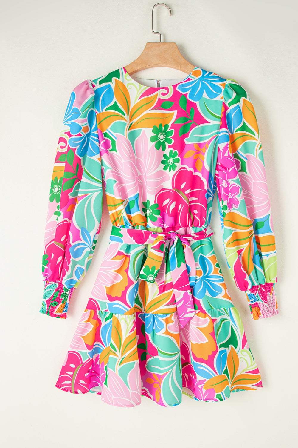 Printed Tie Waist Lantern Sleeve Mini Dress - Trendsi - Flyclothing LLC
