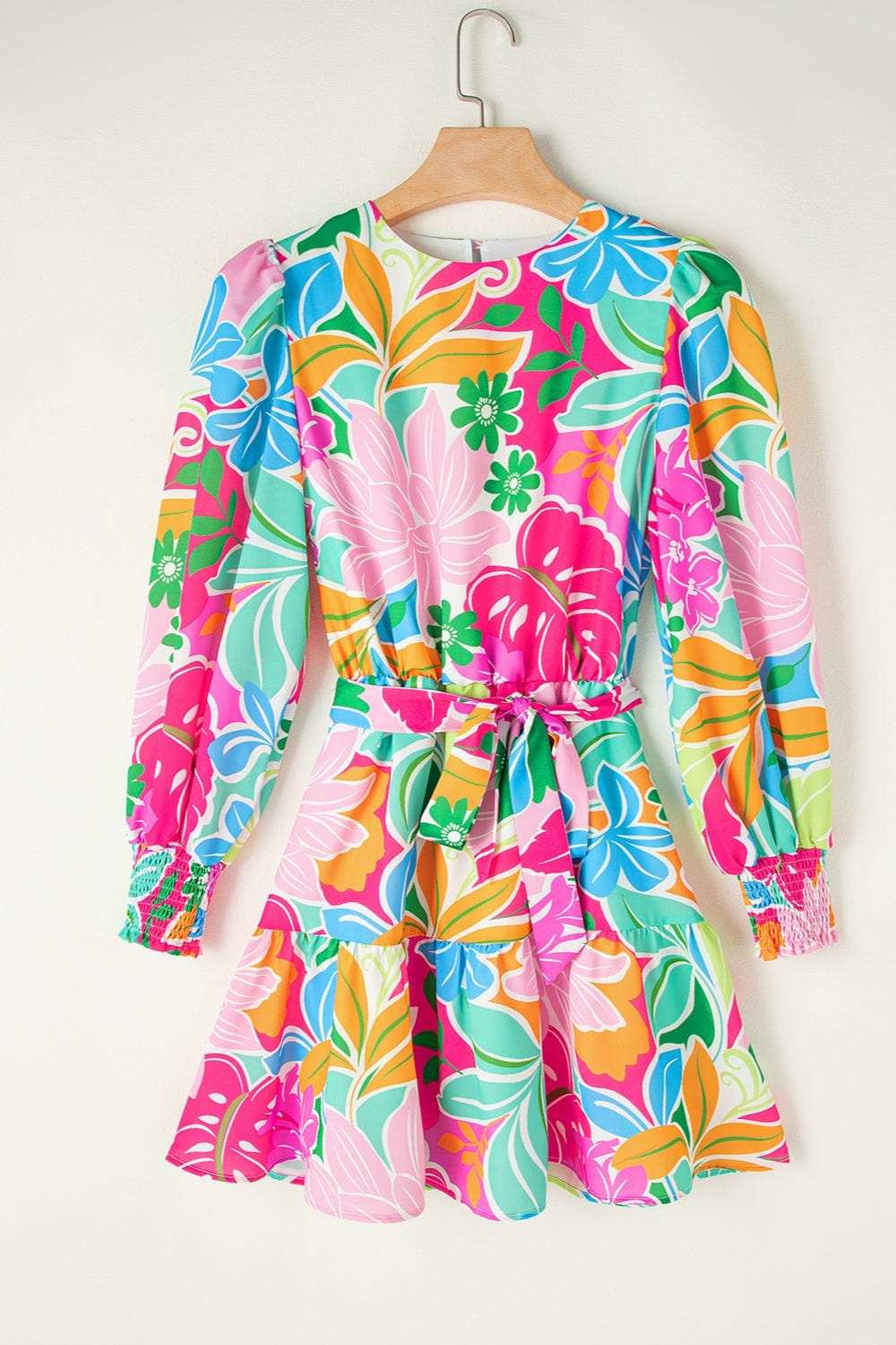 Printed Tie Waist Lantern Sleeve Mini Dress - Trendsi - Flyclothing LLC