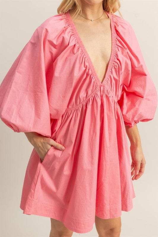 HYFVE Plunge Balloon Sleeve Poplin Mini Dress with Pockets - Trendsi - Flyclothing LLC