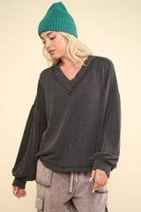 VERY J Two Tone Ribbed V-Neck Exposed Seam Top - Trendsi - Flyclothing LLC