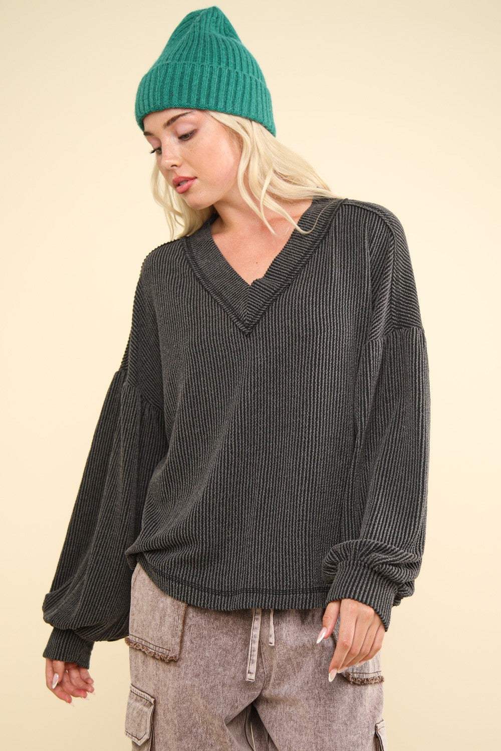 VERY J Two Tone Ribbed V-Neck Exposed Seam Top - Trendsi - Flyclothing LLC