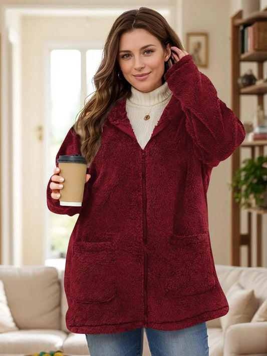 Plus Size Zip Up Long Sleeve Hooded Outerwear - Trendsi - Flyclothing LLC