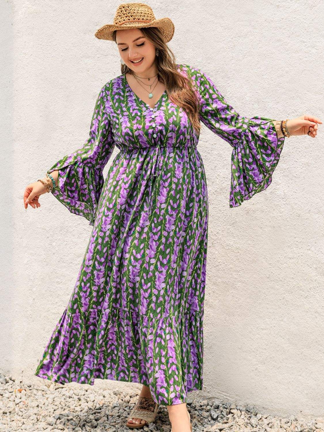 Plus Size Printed V-Neck Long Sleeve Maxi Dress - Trendsi - Flyclothing LLC