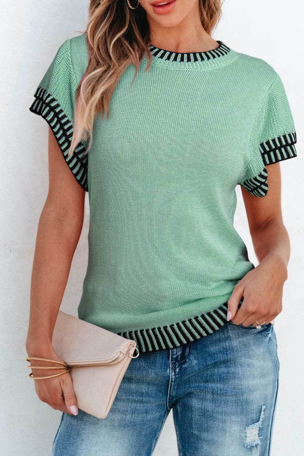 Round Neck Short Sleeve Knit Top - Trendsi - Flyclothing LLC