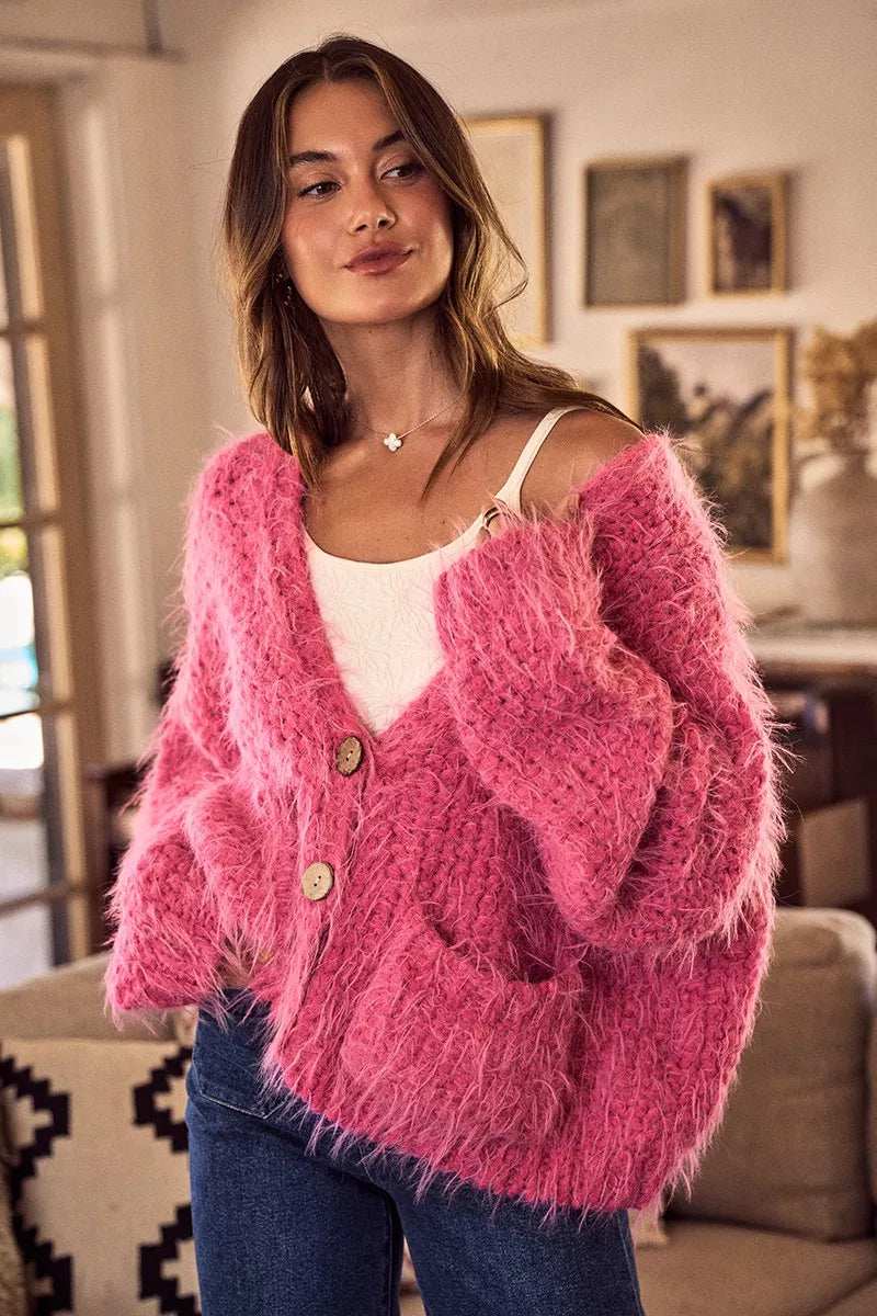 SO ME Soft Touch Hairy Loose Fit Cozy Sweater Cardigan - Trendsi - Flyclothing LLC