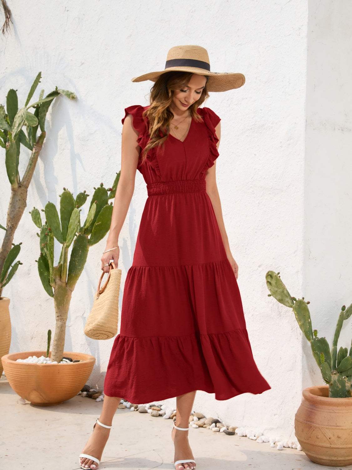 Tiered Ruffled V-Neck Cap Sleeve Dress - Trendsi - Flyclothing LLC