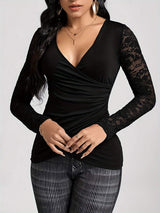 Lace Ruched Surplice Long Sleeve Top - Trendsi - Flyclothing LLC