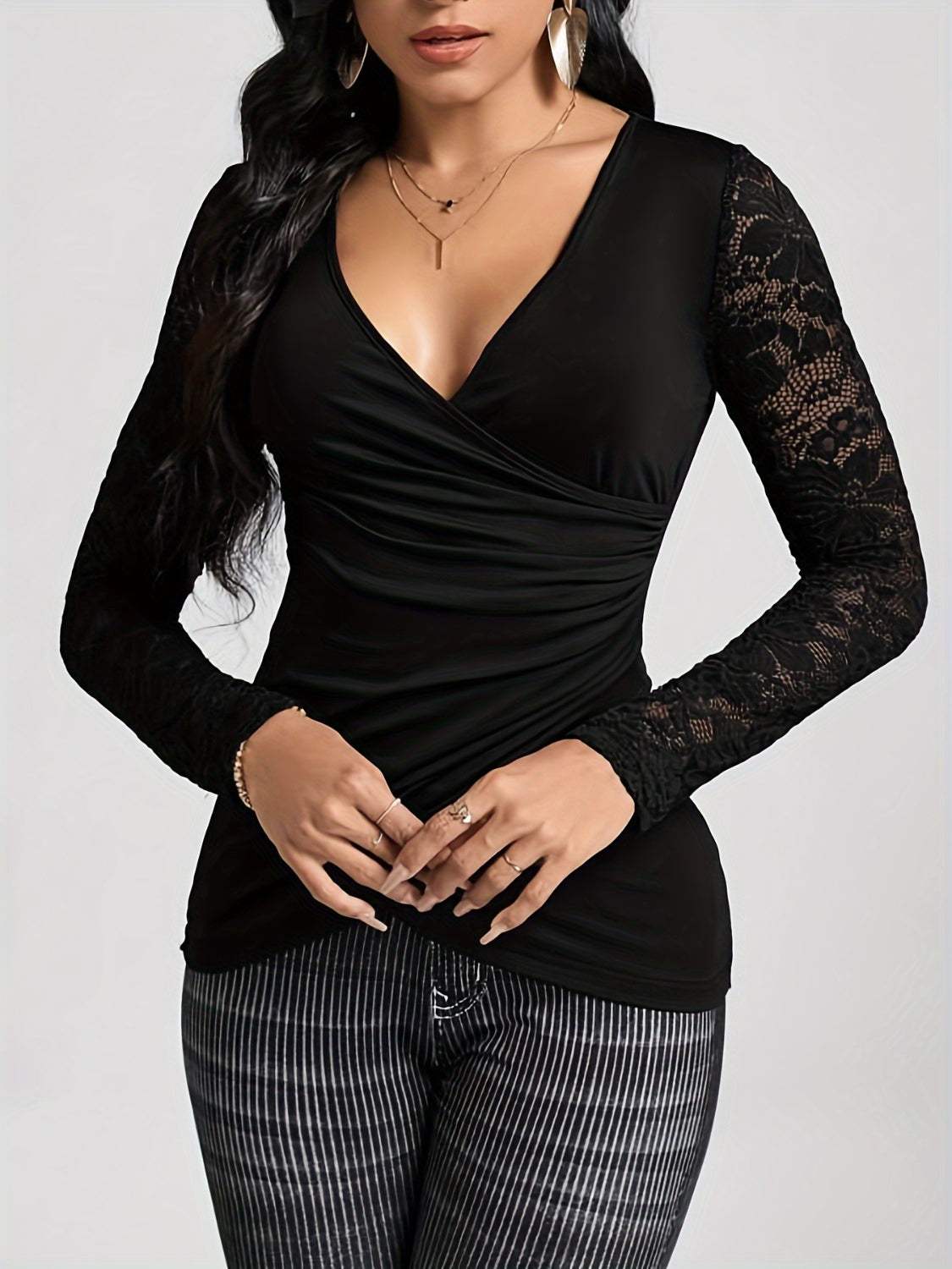 Lace Ruched Surplice Long Sleeve Top - Trendsi - Flyclothing LLC