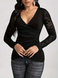 Lace Ruched Surplice Long Sleeve Top - Trendsi - Flyclothing LLC