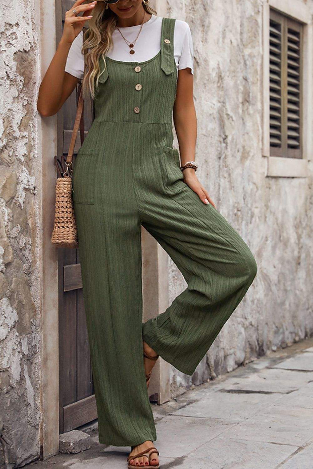 Textured Pocketed Wide Strap Overalls - Trendsi - Flyclothing LLC
