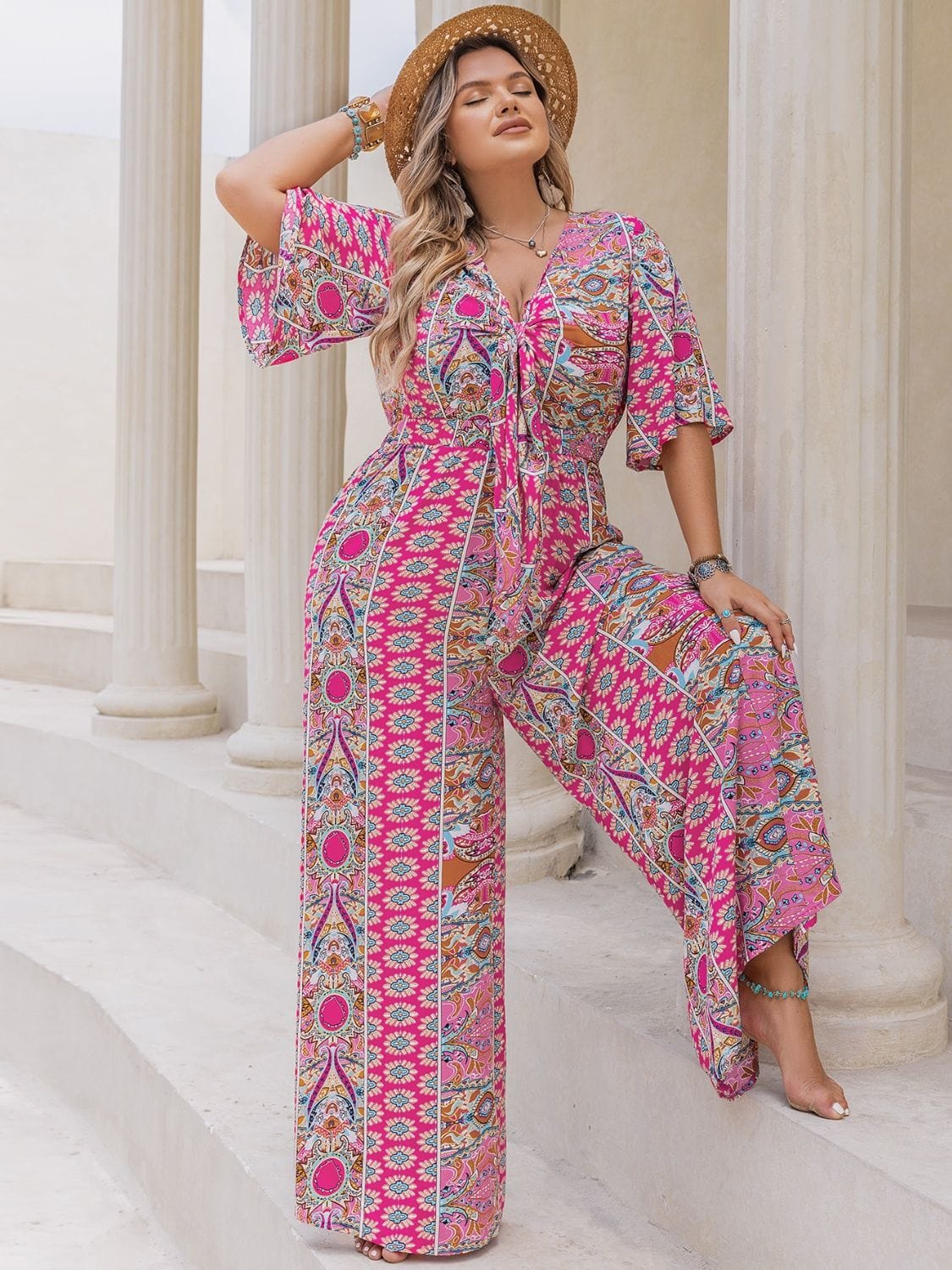 Plus Size Printed Half Sleeve Wide Leg Jumpsuit - Trendsi