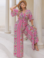Plus Size Printed Half Sleeve Wide Leg Jumpsuit - Trendsi
