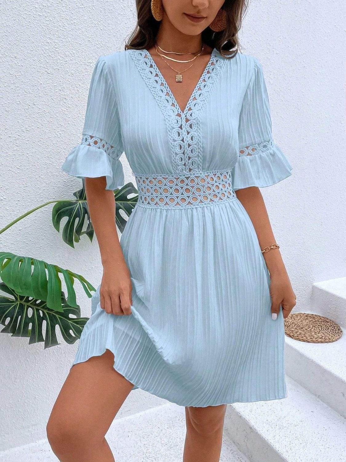 Cutout V-Neck Flounce Sleeve Mini Dress - Trendsi - Flyclothing LLC