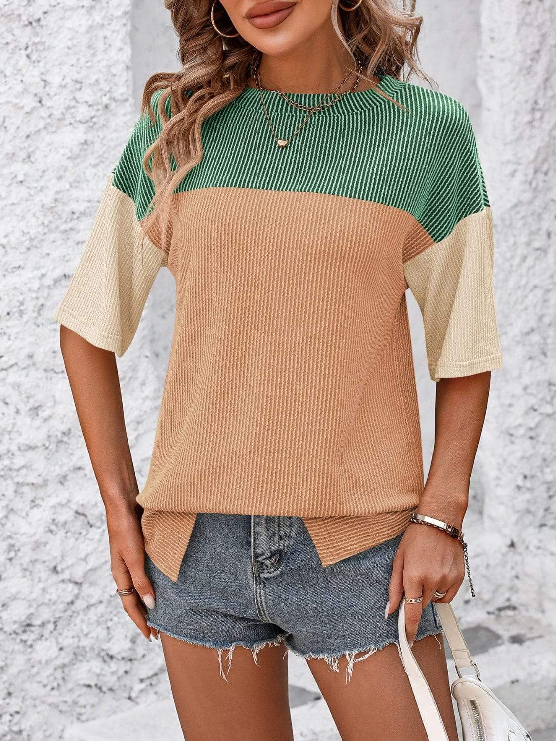 Color Block Round Neck Half Sleeve T-Shirt - Trendsi - Flyclothing LLC