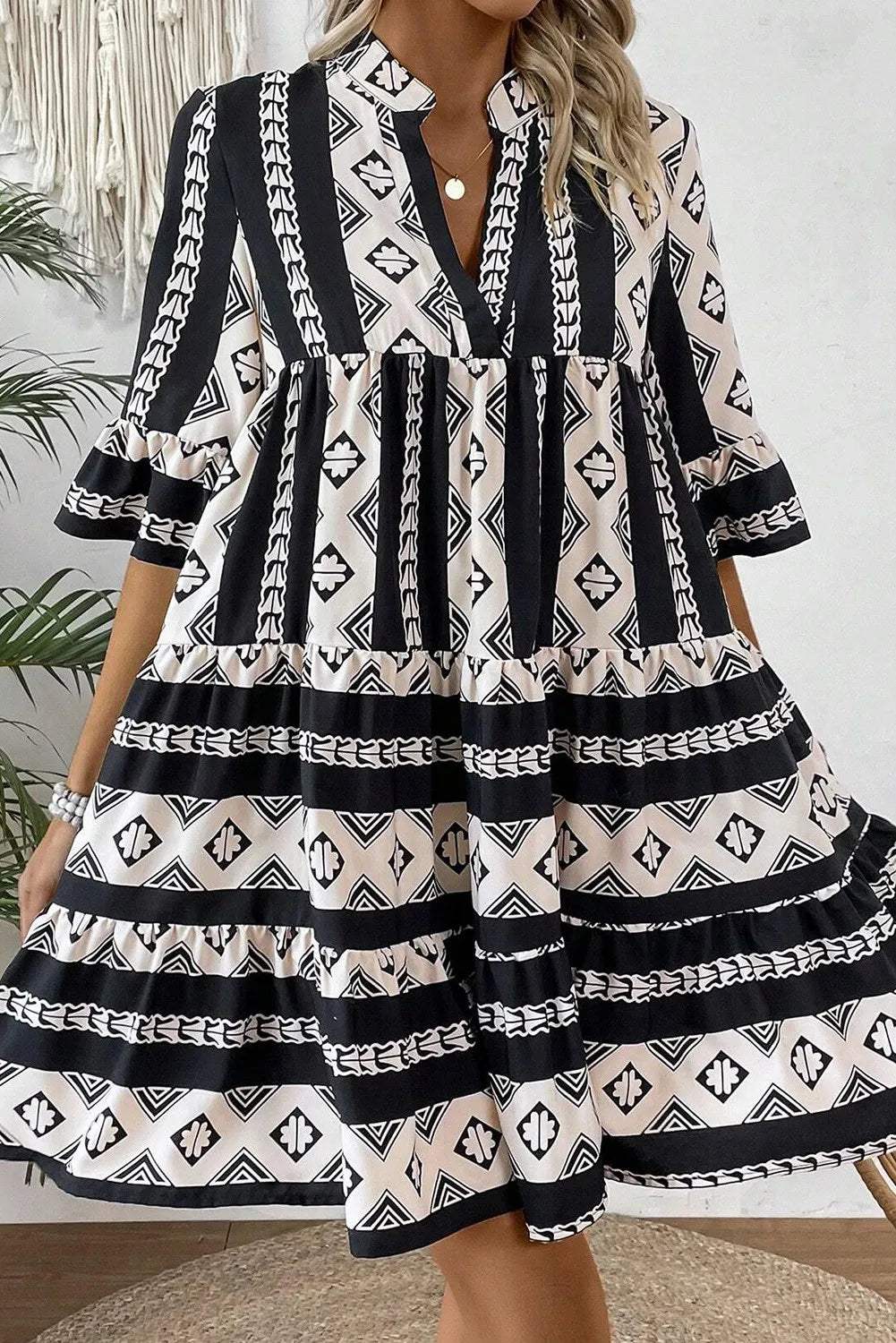 Tiered Printed Notched Half Sleeve Dress - Trendsi - Flyclothing LLC