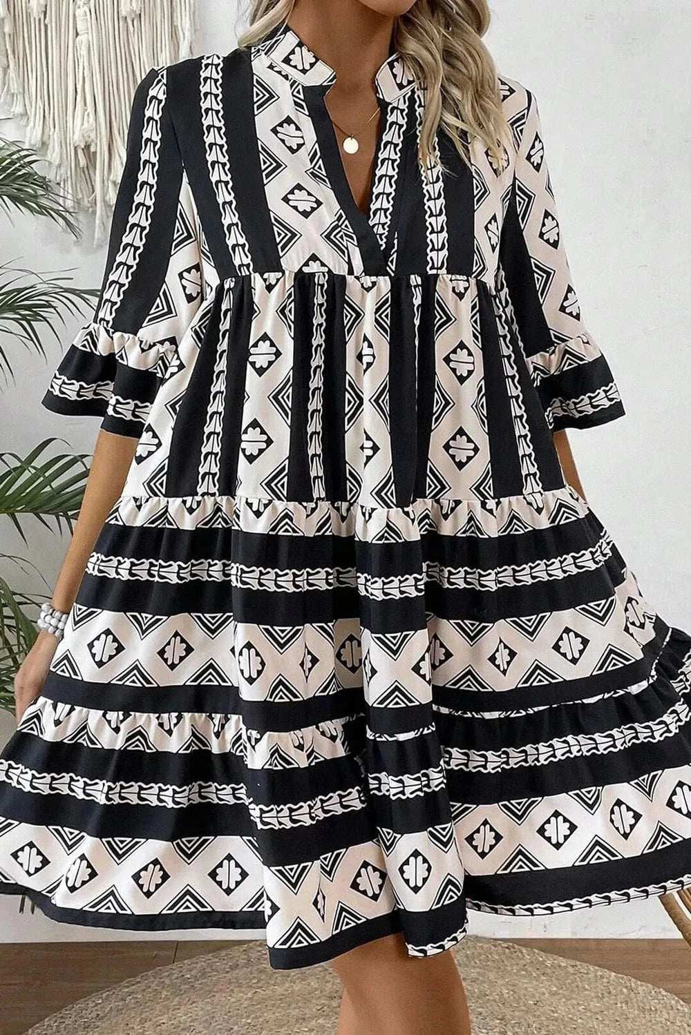 Tiered Printed Notched Half Sleeve Dress - Trendsi - Flyclothing LLC