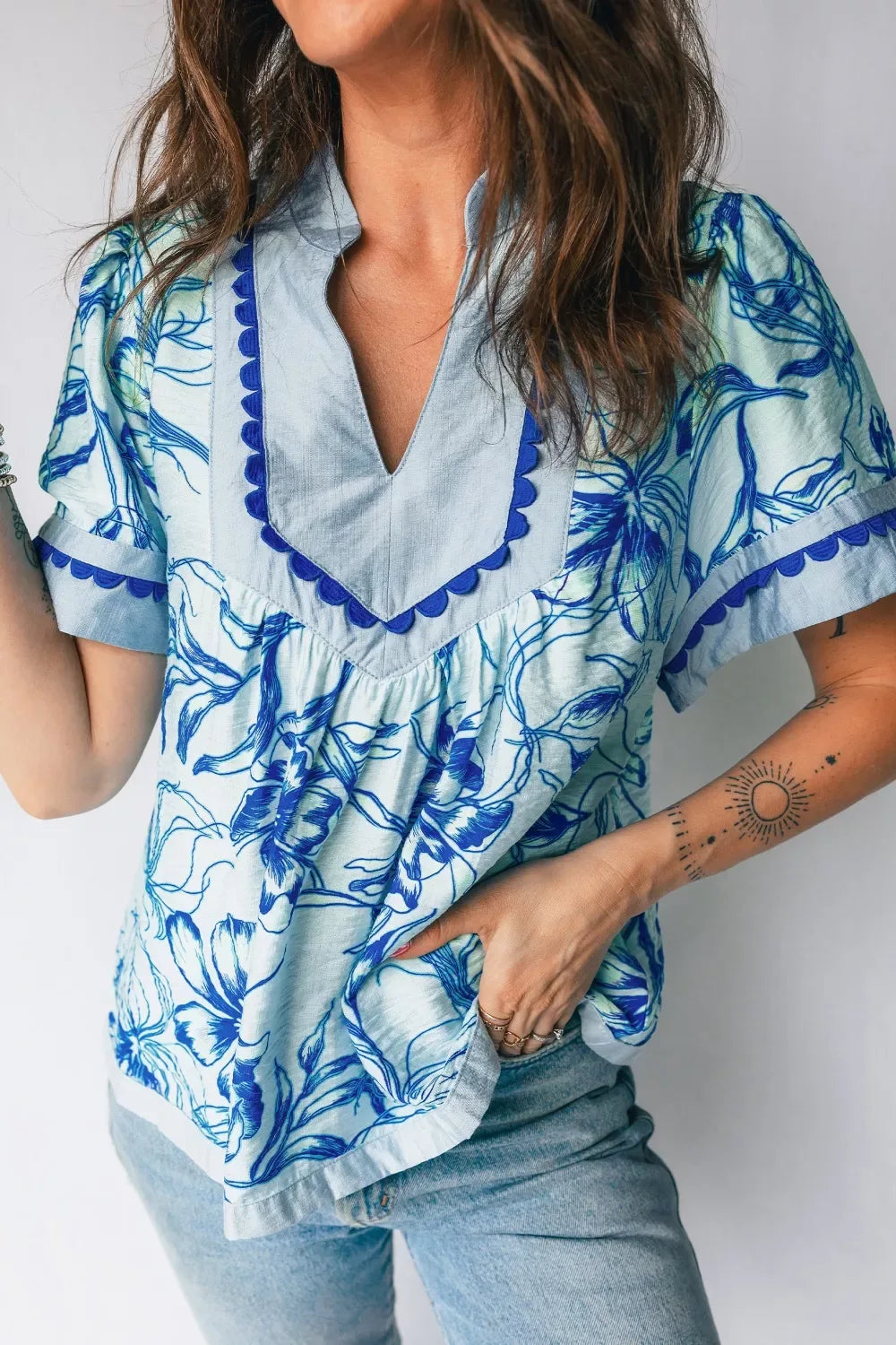 Ricrac Trim Slit V Neck Short Sleeve Floral Blouse - Trendsi - Flyclothing LLC