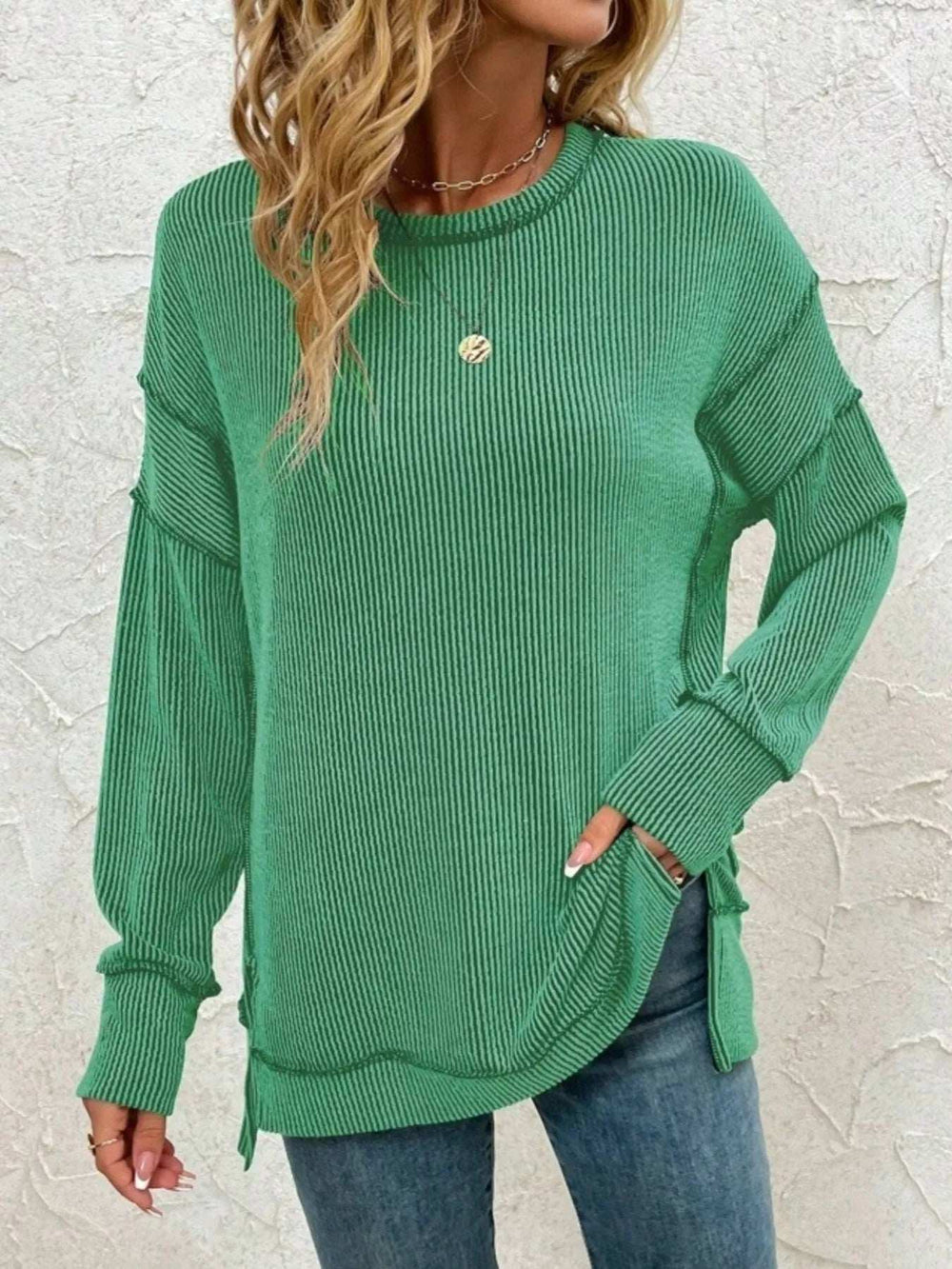Side Slit Round Neck Dropped Shoulder Sweatshirt - Trendsi - Flyclothing LLC