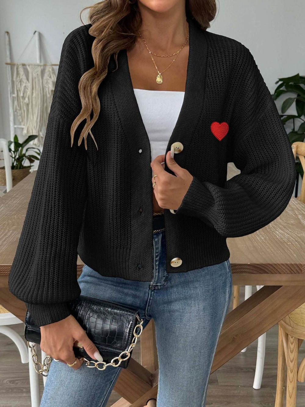 Heart Button Down V-Neck Long Sleeve Cardigan - Trendsi