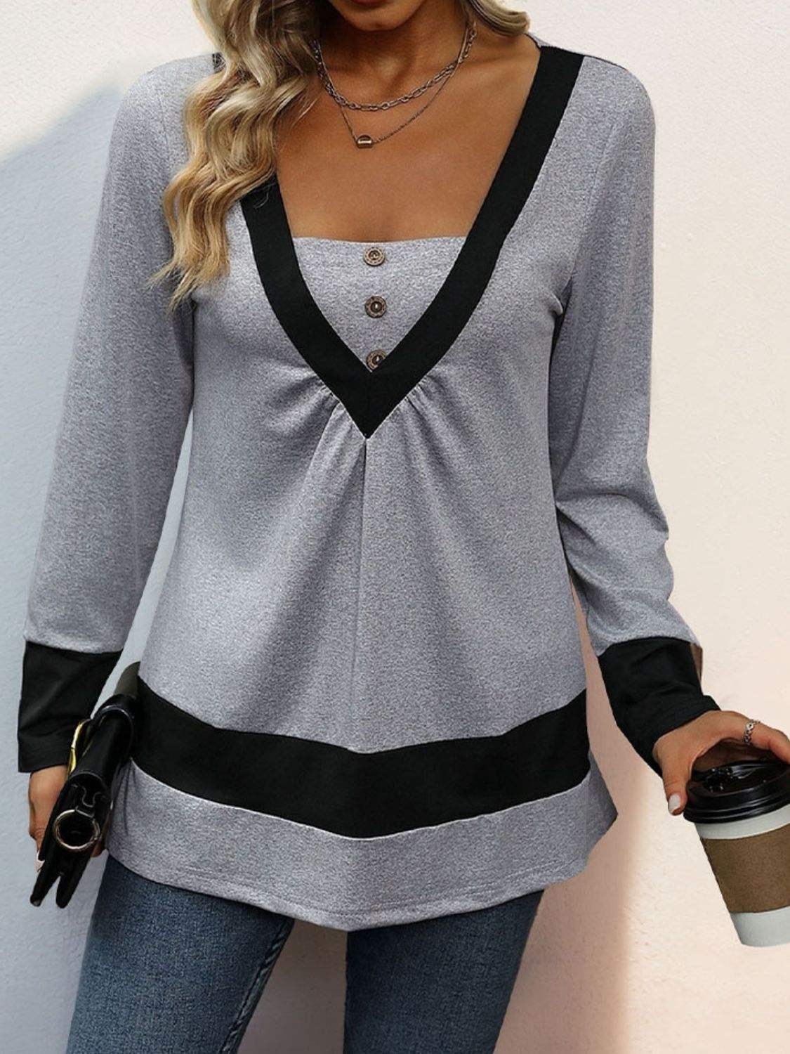 Contrast Long Sleeve T-Shirt - Trendsi - Flyclothing LLC