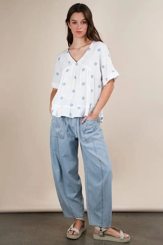 VERY J Flower Embroidered Woven Blouse - Trendsi