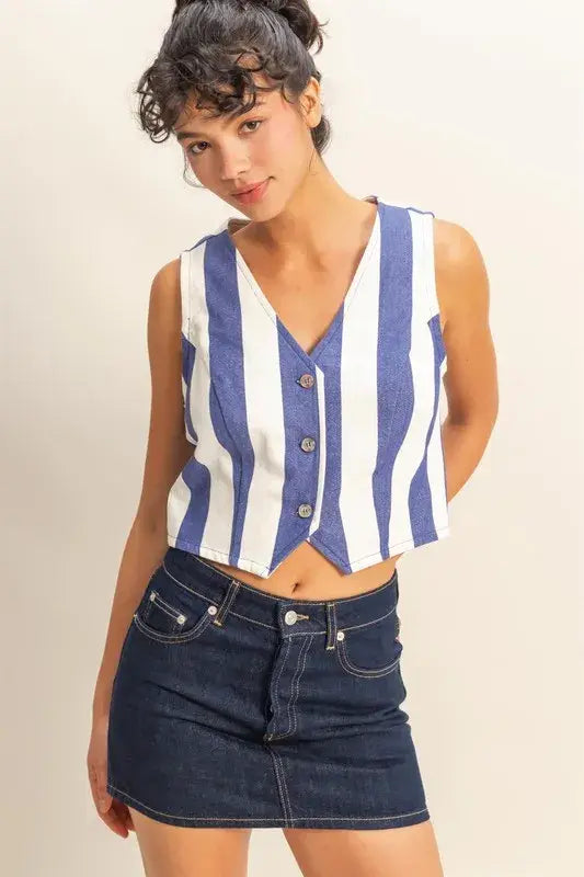 HYFVE Woven Striped V-Neck Button Down Vest - Trendsi - Flyclothing LLC